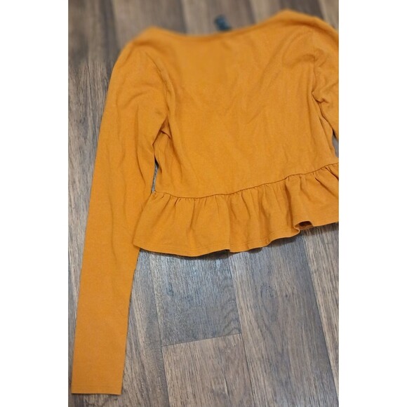 Juniors Small Cropped Peplum Long Sleeve Top Rust Ochre Yellow Boho Y2K - Picture 6 of 9